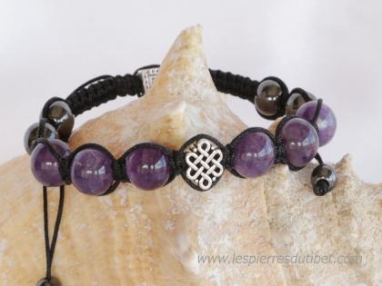 Bracelet Shamballa Tibétain pierre améthyste taille ajustable à chaque poignet