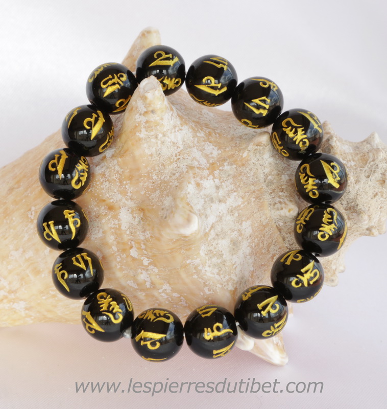 Bracelet Mala tibétain pierre onyx taille ajustable à chaque poignet