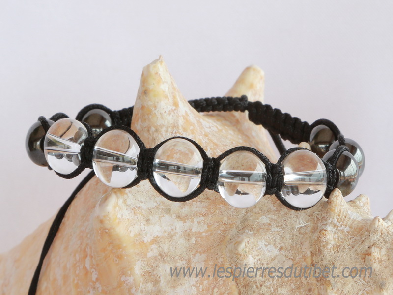 Bracelet Shamballa Tibétain pierre cristal de roche taille ajustable à chaque poignet