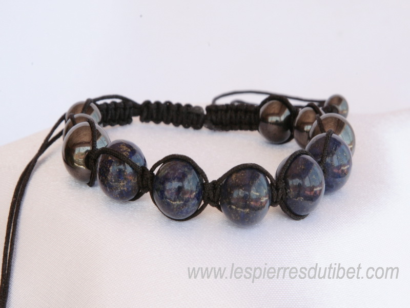 Bracelet shamballa tibétain pierre lapis lazuli et hématite taille ajustable