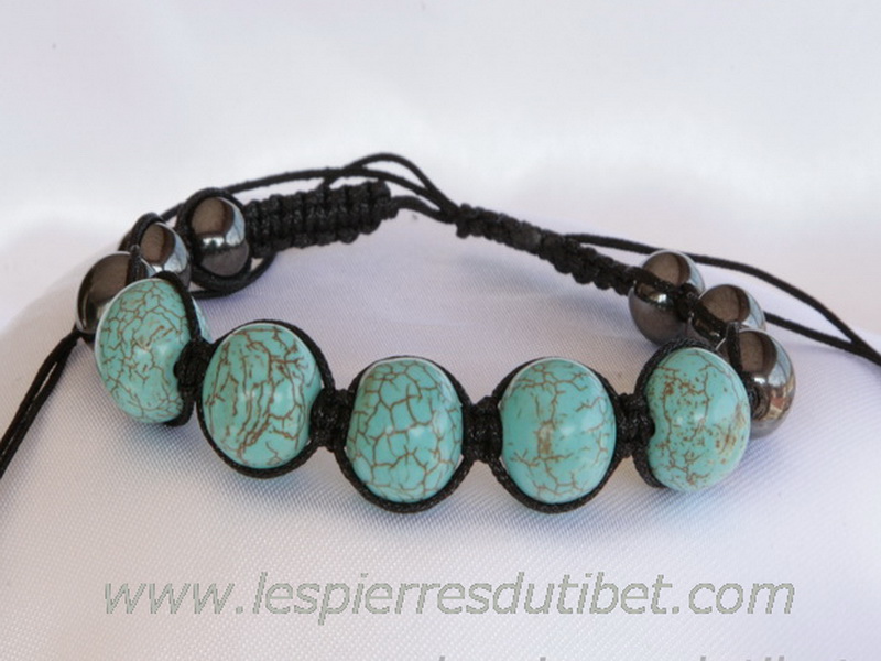 Bracelet shamballa tibétain pierre turquoise et hématite aimantée taille ajustable