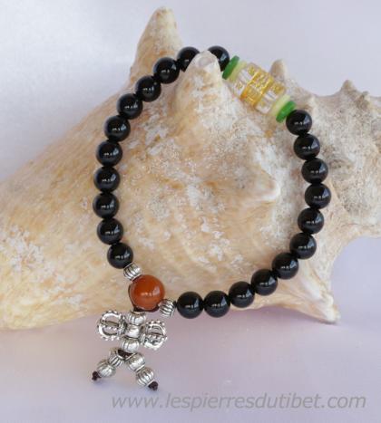 Bracelet Mala tibétain en pierre onyx avec un moulin à prière cristal taille ajustable à chaque poignet