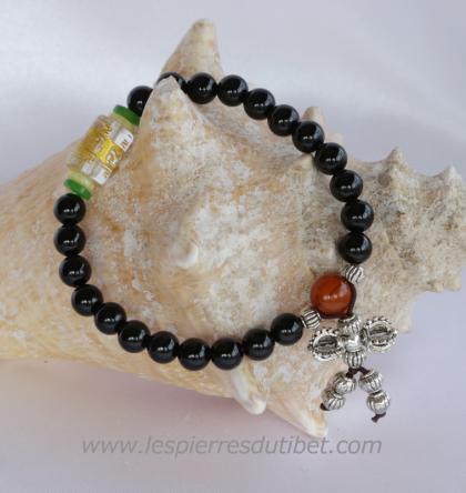 Bracelet Mala Tibétain pierre onyx taille ajustable à chaque poignet