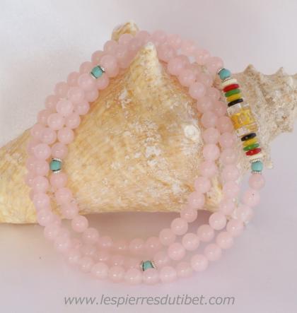 Mala tibétain pierre quartz rose 108 perles avec un moulin à prières