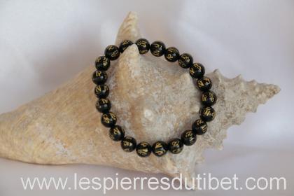 Bracelet Mala tibétain de poignet en  onyx avec mantra (OM MANI PADME HUNG) 22 perle