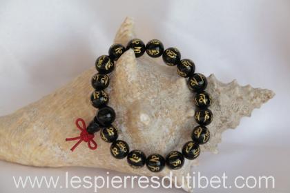 Bracelet Mala tibétain de poignet en onyx avec mantra (OM MANI PADME HUNG) 19 perle