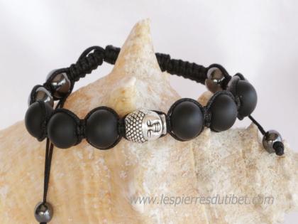Bracelet Shamballa Tibétain pierre onyx mat taille ajustable à chaque poignet