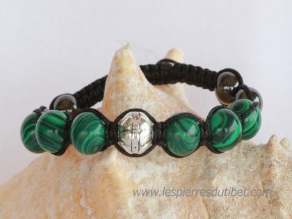 Bracelet Shamballa Tibétain pierre malachite taille ajustable à chaque poignet