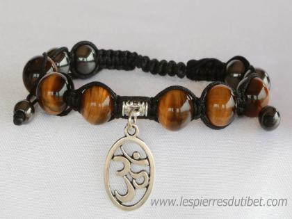 Bracelet Shamballa Tibétain pierre oeil de tigre taille ajustable à chaque poignet