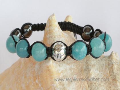 Bracelet Shamballa Tibétain pierre aigue marine taille ajustable à chaque poignet