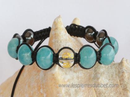 Bracelet Shamballa Tibétain pierre aigue marine taille ajustable à chaque poignet